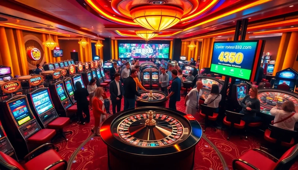"Experience thrilling gaming at rr88rd.com with players engaged around vibrant slot machines and roulette tables."