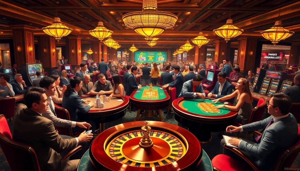 Experience the vibrant atmosphere at rr88wang.com with excited players at casino tables and dazzling slot machines.