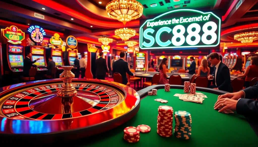 SC88 casino players celebrating big wins at a roulette table amidst a vibrant gaming atmosphere.