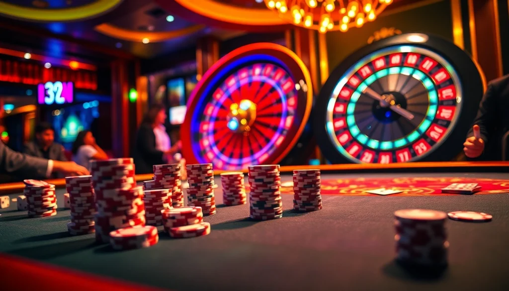 At 13WIN, experience the thrill of high-stakes poker with colorful chips, streaming light, and a spinning roulette wheel.