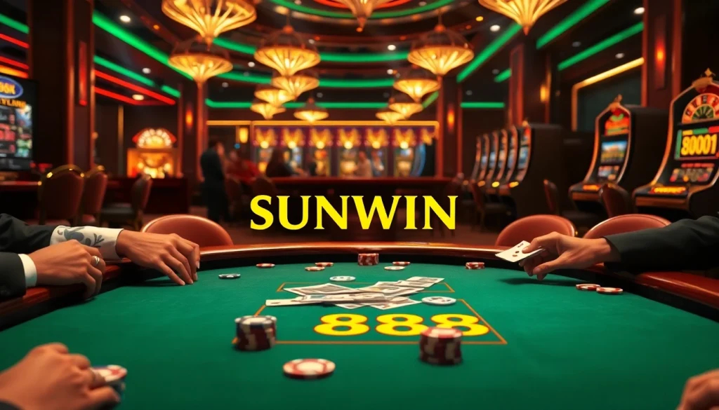 SUNWIN 88 offers thrilling poker experiences with players at a luxurious table amidst vibrant casino excitement.