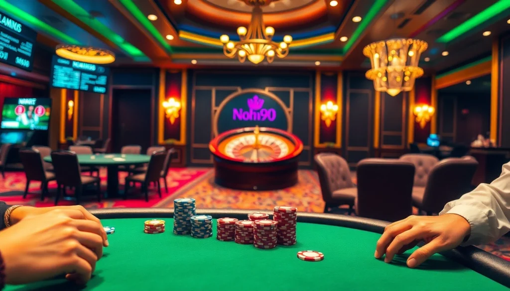 Nohu90 showcases an exciting poker game at a vibrant casino table filled with chips and cards.