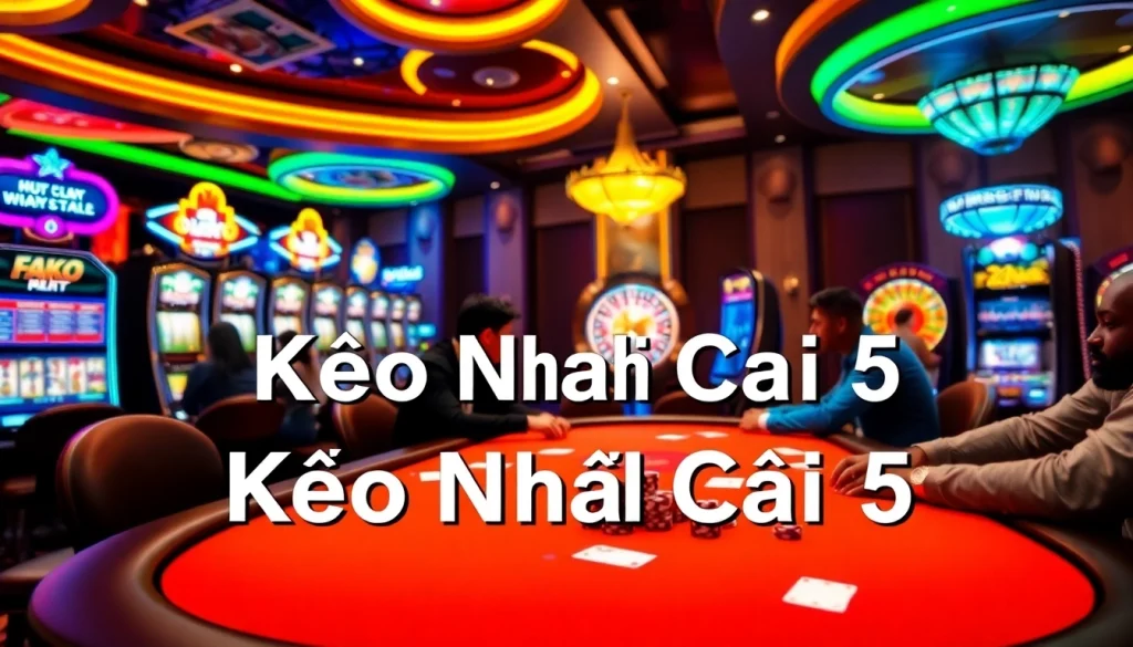 Kèo Nhà Cái 5 brings excitement as players engage in a lively poker game at a vibrant casino setting.