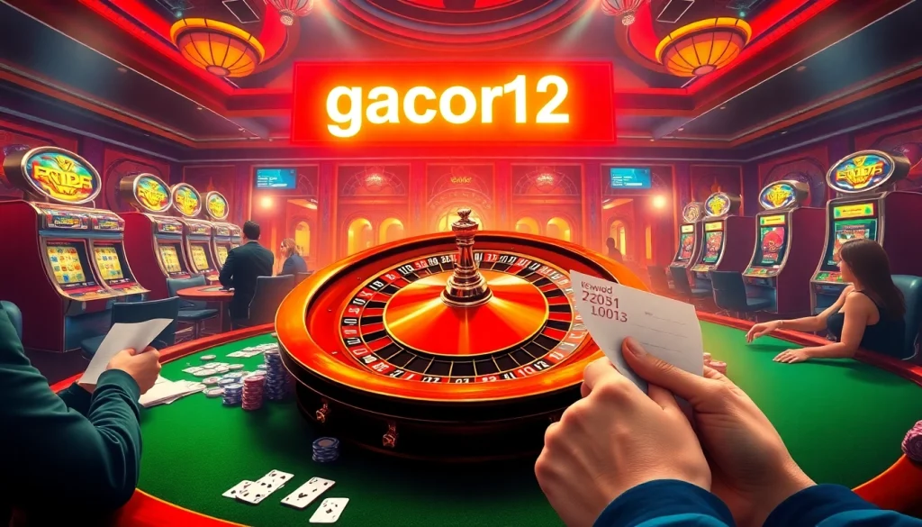 Gacor123 illuminates the lively casino scene with players at roulette, blackjack, and slot machines.
